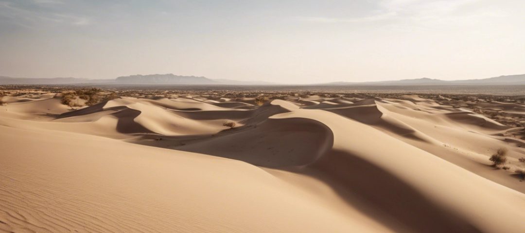 A landscape shot of a beautiful desert featuring rolling sand dunes and a clear blue sky.